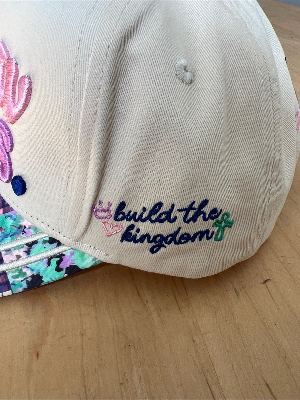 Cream Patchwork Brim Baseball Hat with Multicolor Embroidery - Picture 2 of 5